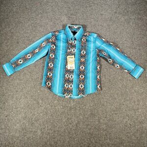 Wrangler Checotah Kids Western Snap Shirt Turquoise Blue Aztec Print S 112365829
